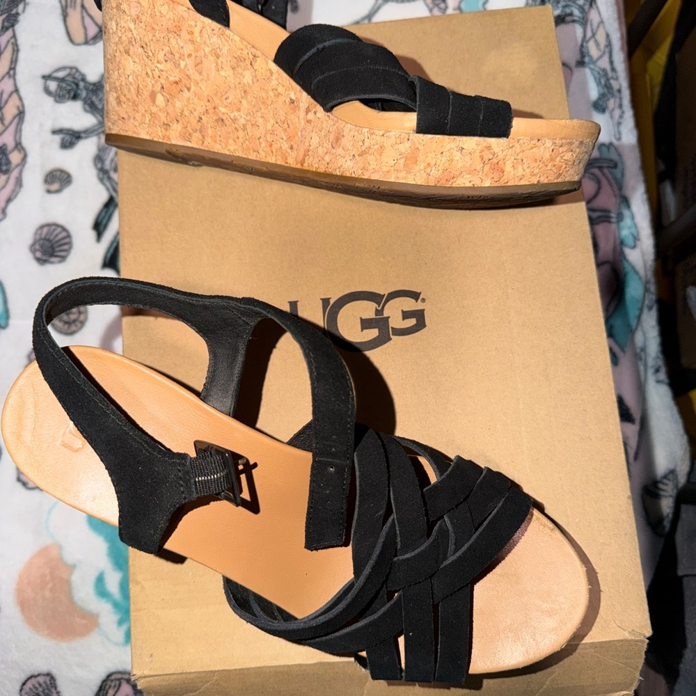 UGG Black Cork Wedge Slingback Sandals